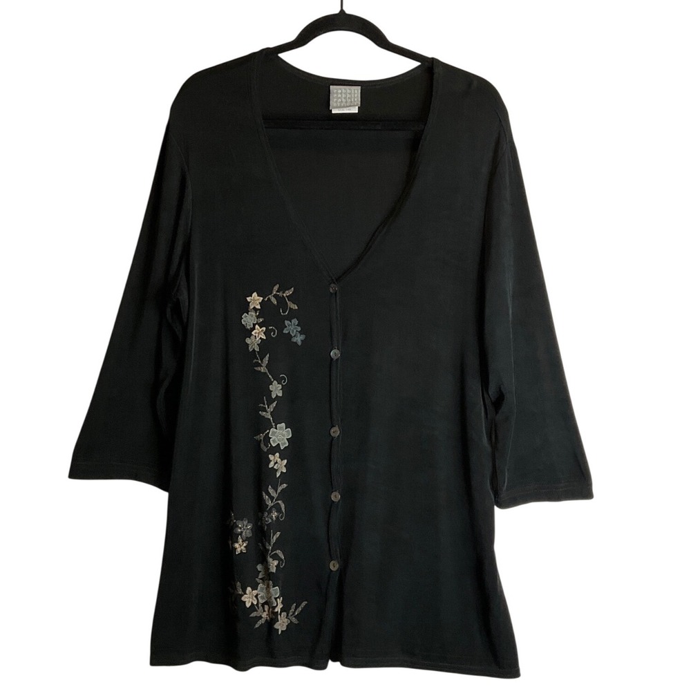 Rabbit Black Button Up V-Neck Tunic Top Stretch Travel Metallic Floral Casual 14